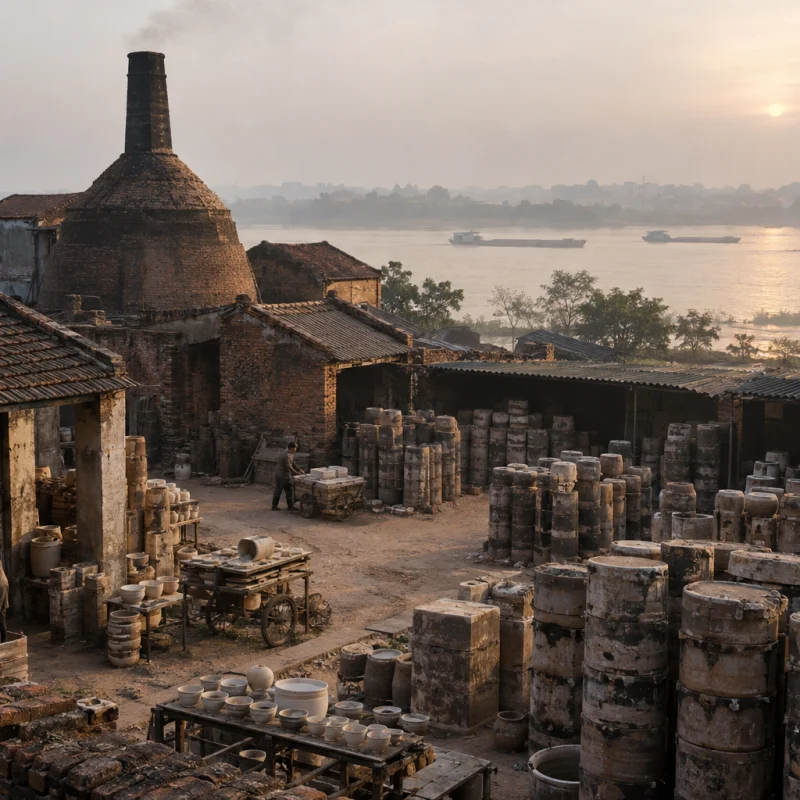Wide view of a brick kiln in Bát Tràng, its chimney and stacked saggars, the Red River behind in morning haze, ceramics & porcelain village, Red River Delta, Vietnam