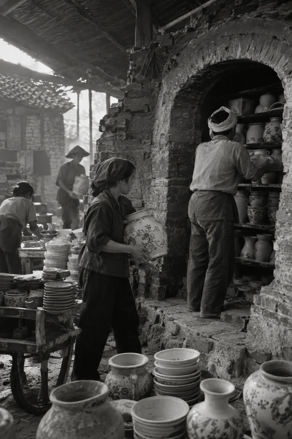 Archive black-and-white photograph from the mid-twentieth century, faded and grainy: loading the kiln in Bát Tràng, ceramics & porcelain, villagers in simple work clothes, old brick and timber