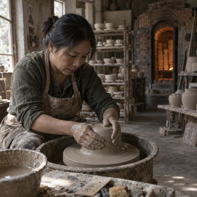 Hands centring white river clay on a kick wheel, wet clay catching the light, in a Bát Tràng pottery workshop, brick kiln door and shelves of bisque ware behind, sage greens and warm greys