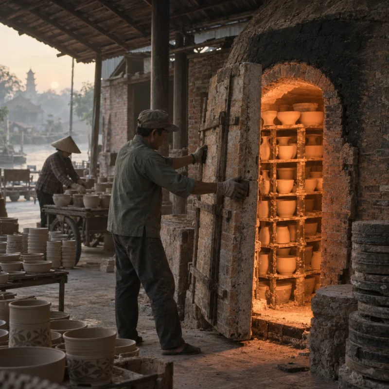 The bricked-up door of a kiln being opened at first light, glowing shelves inside, in a Bát Tràng pottery workshop, brick kiln door and shelves of bisque ware behind, sage greens and warm greys