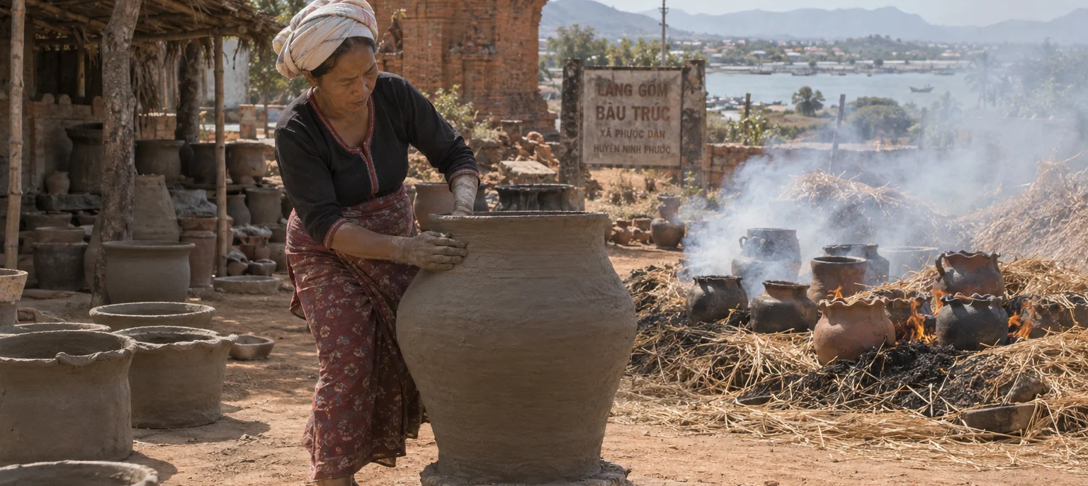 A Cham woman in Bàu Trúc walking around a pot to hand-build it without a wheel, grey river clay, pots firing in open straw, Bàu Trúc village, central coast, Vietnam