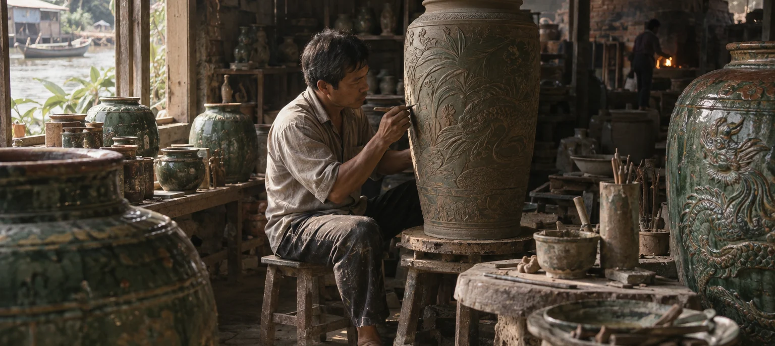 Biên Hòa glazed ceramics with carved reliefs in ash and copper green, a potter incising a tall jar, Biên Hòa village, Mekong Delta, Vietnam