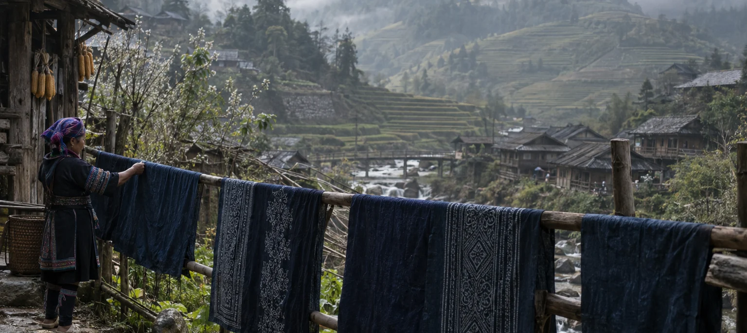 H'Mông hemp cloth dyed deep indigo drying on a fence in Cát Cát, terraced hills in mist behind, Cát Cát village, northern highlands, Vietnam