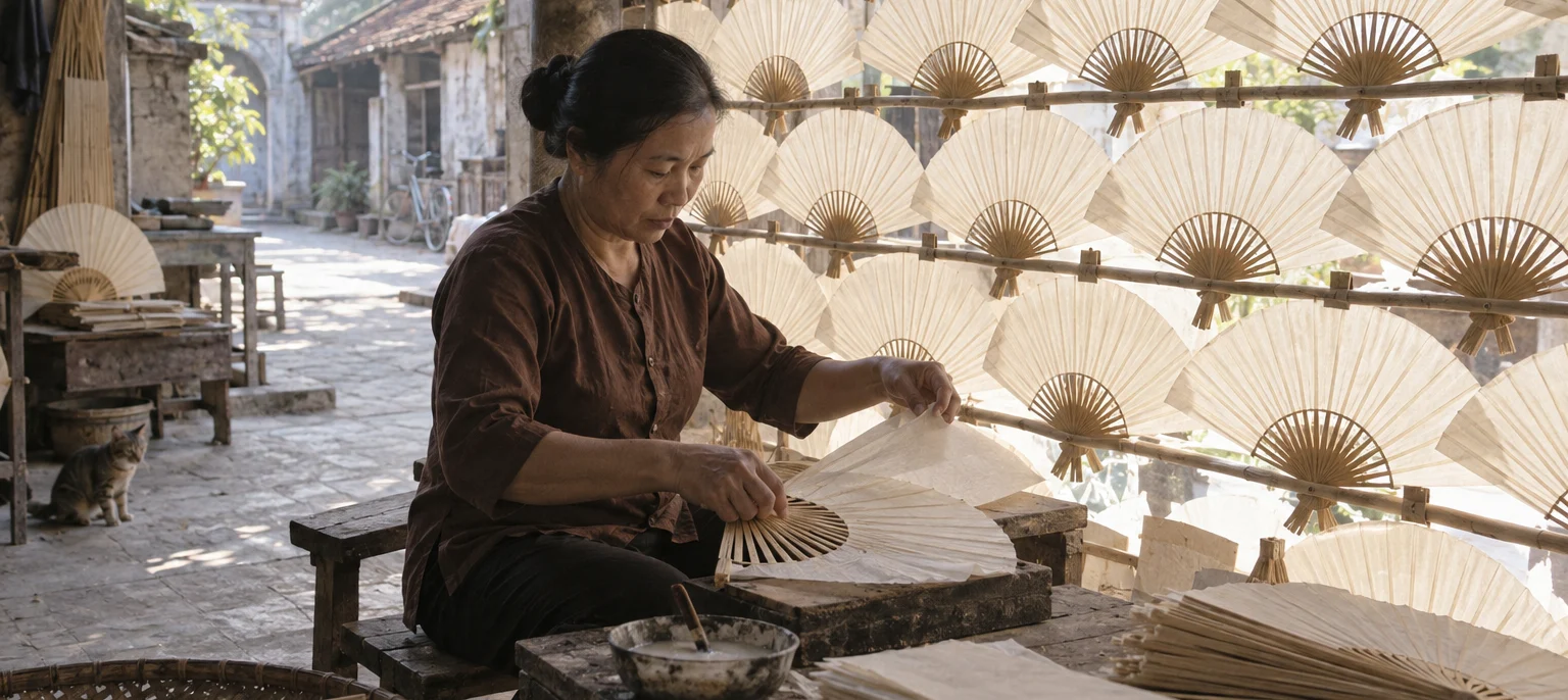 A Chàng Sơn fan maker pasting dó paper onto a fan of split bamboo ribs, dozens of open fans drying on a wall, Chàng Sơn village, Red River Delta, Vietnam