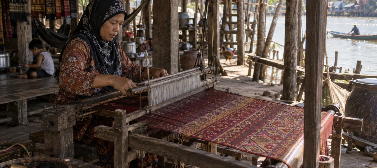 A Cham weaver in Châu Giang at a wooden loom under a stilt house, bright brocade, Mekong river light, Châu Giang village, Mekong Delta, Vietnam