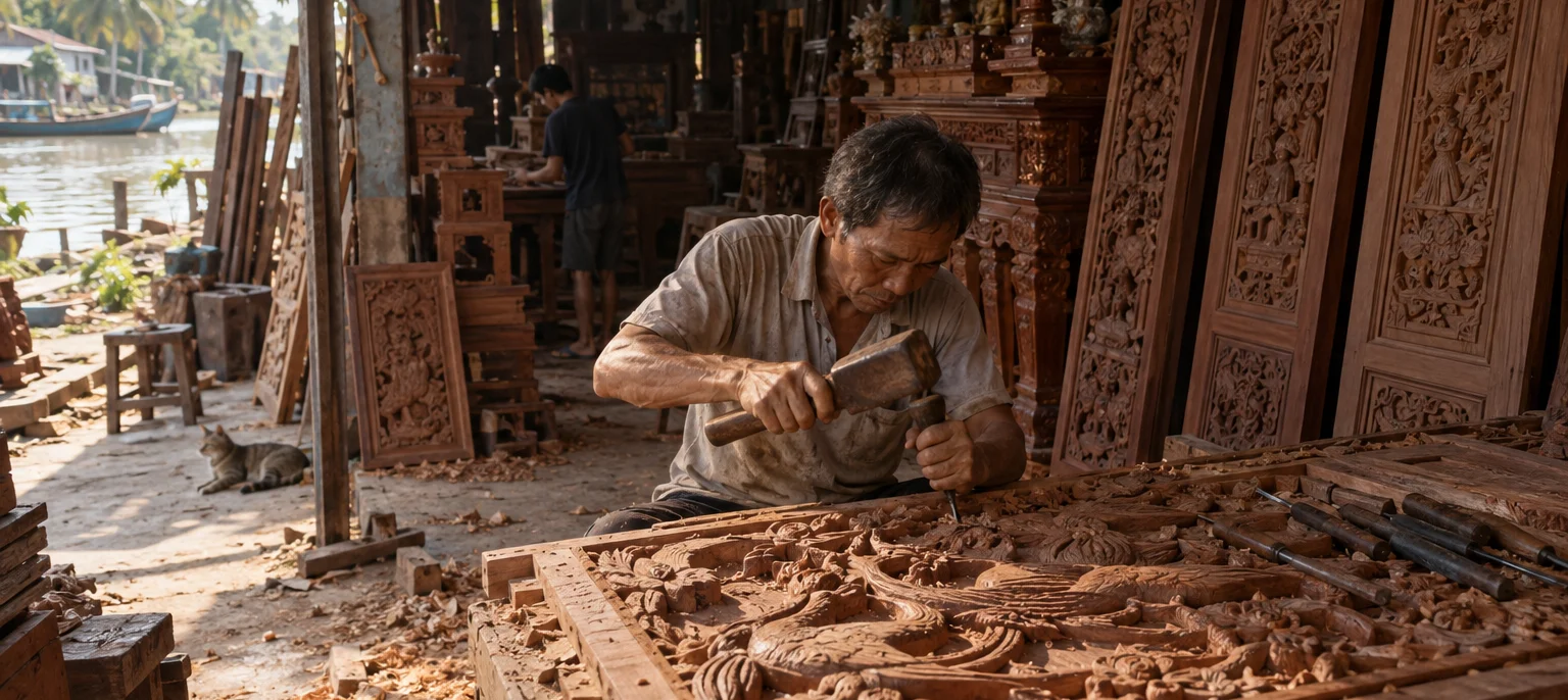A Chợ Mới carver cutting a deep relief into a hardwood panel, carved doors and altars stacked in the workshop, Chợ Mới village, Mekong Delta, Vietnam