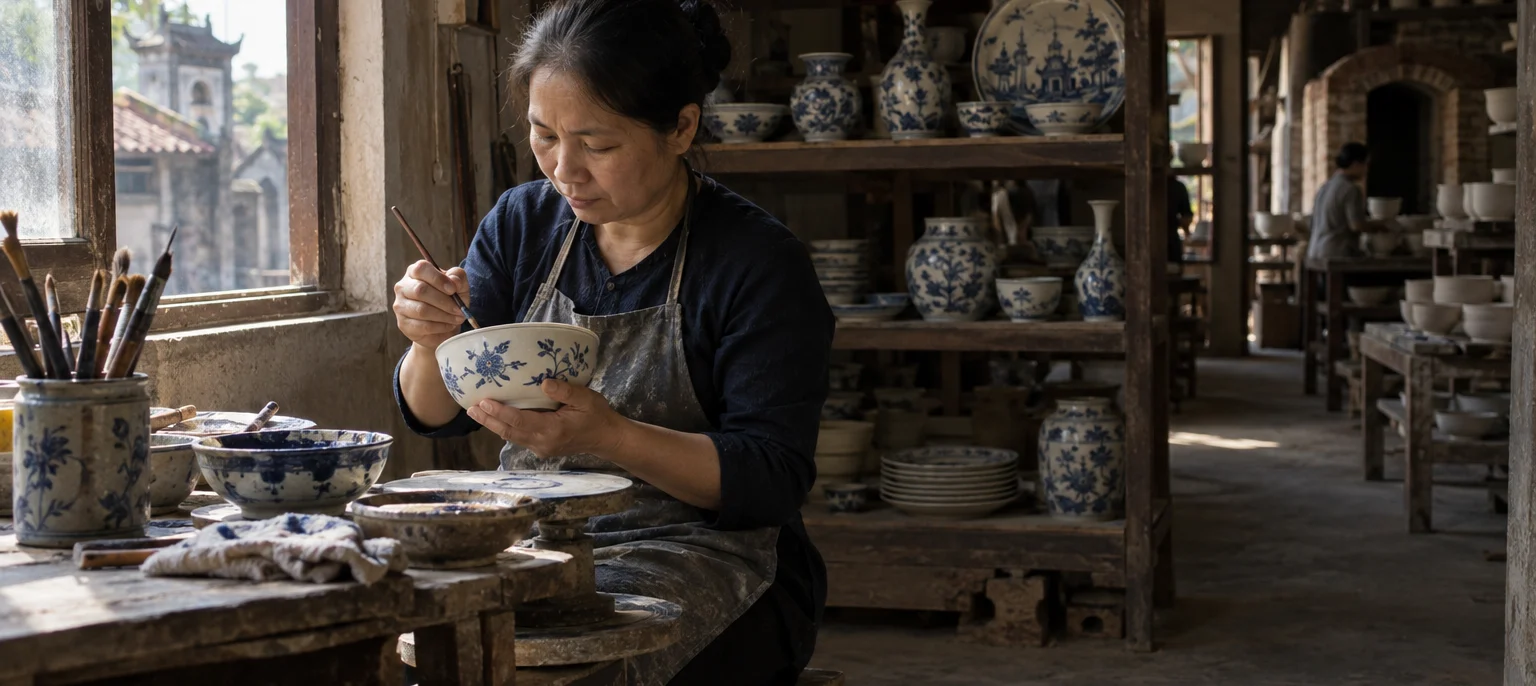 A Chu Đậu painter brushing cobalt onto an unfired white bowl, finished blue-and-white ware on shelves behind, Chu Đậu village, Red River Delta, Vietnam