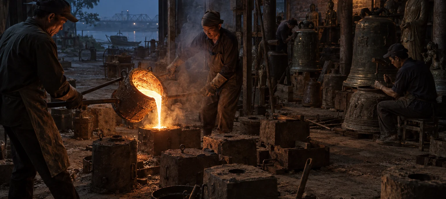 Wide view of the Đại Bái foundry before dawn, molten bronze glowing in a crucible, sand moulds on the floor, smoke in lamplight, bronze casting & chasing village, Red River Delta, Vietnam