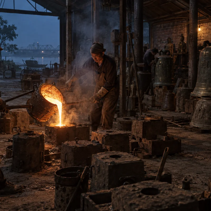 Wide view of the Đại Bái foundry before dawn, molten bronze glowing in a crucible, sand moulds on the floor, smoke in lamplight, bronze casting & chasing village, Red River Delta, Vietnam