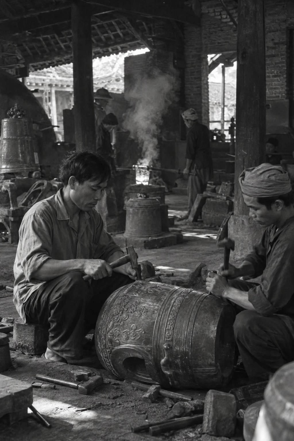Archive black-and-white photograph from the mid-twentieth century, faded and grainy: the foundry in Đại Bái, bronze casting & chasing, villagers in simple work clothes, old brick and timber