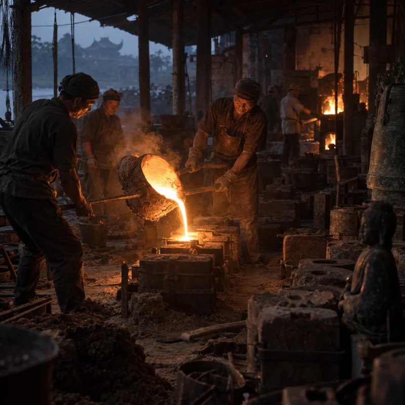 Molten bronze poured from a crucible into a sand mould before dawn, orange glow on the casters, in the Đại Bái foundry, sand moulds and charcoal glow, dark bronze with a green-brown patina, smoke and low light