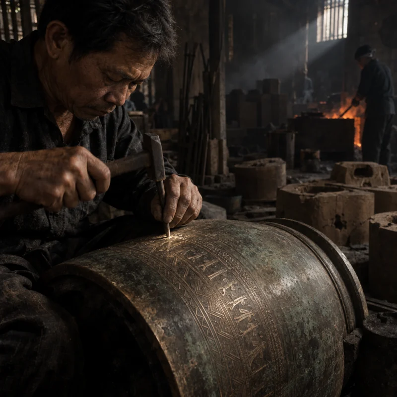 A small hammer and chisel chasing a drum pattern into bronze, bright marks in dark metal, in the Đại Bái foundry, sand moulds and charcoal glow, dark bronze with a green-brown patina, smoke and low light