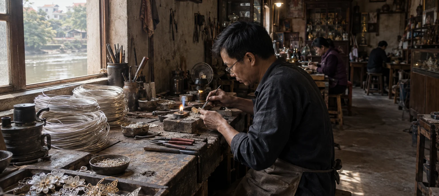 Wide view of a silversmith's bench in Định Công, coils of fine silver wire, a small torch flame, window light on worn wood, silver & gold filigree village, Red River Delta, Vietnam