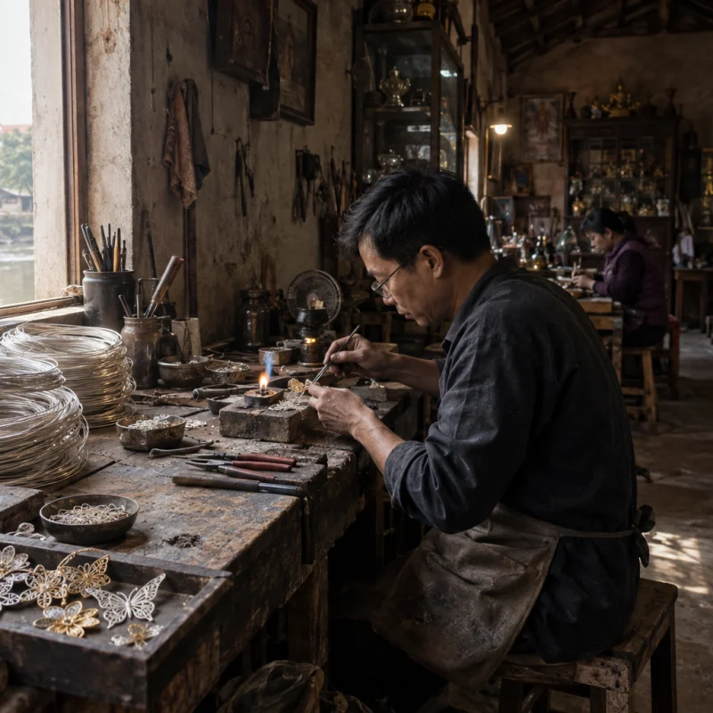 Wide view of a silversmith's bench in Định Công, coils of fine silver wire, a small torch flame, window light on worn wood, silver & gold filigree village, Red River Delta, Vietnam