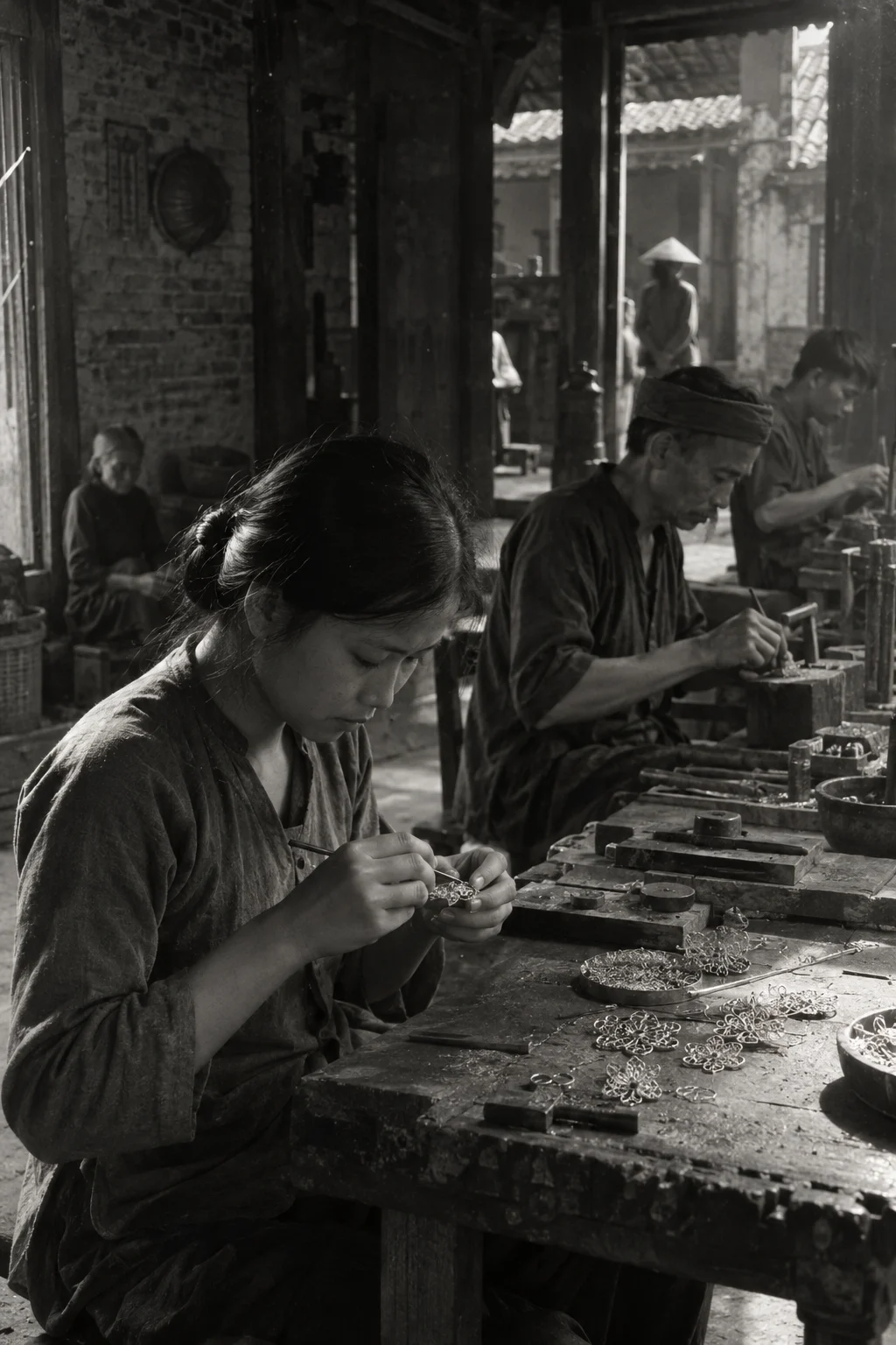 Archive black-and-white photograph from the mid-twentieth century, faded and grainy: the jeweller's bench in Định Công, silver & gold filigree, villagers in simple work clothes, old brick and timber