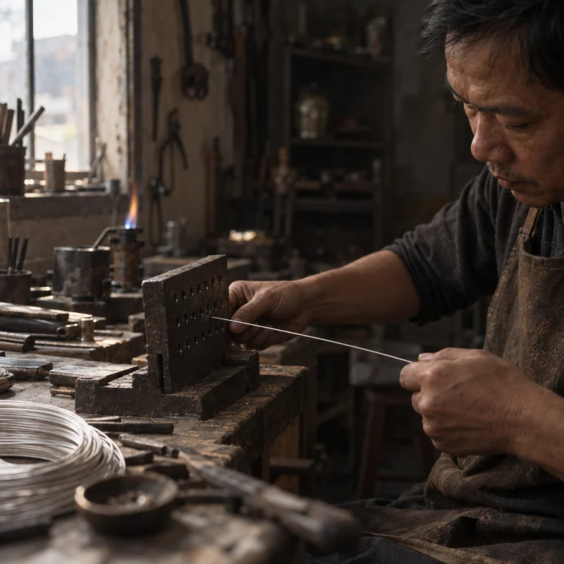 Silver wire drawn through a steel plate, growing finer, on a worn bench, at a Định Công silversmith's bench, worn wood, fine silver wire and a small torch flame, warm grey and silver tones