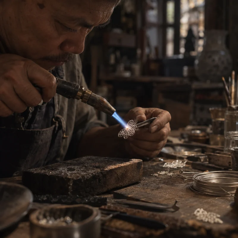 A small blue torch flame soldering silver filigree held in tweezers, at a Định Công silversmith's bench, worn wood, fine silver wire and a small torch flame, warm grey and silver tones