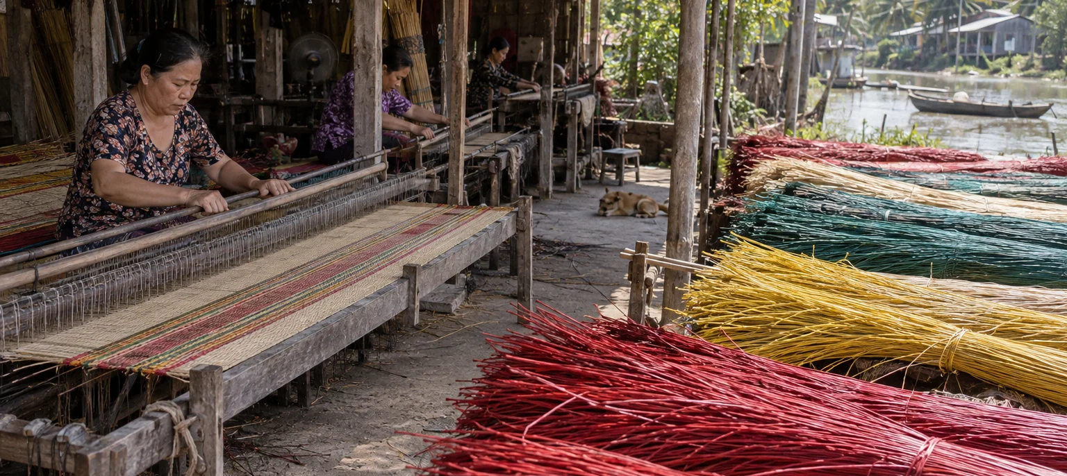 Women in Định Yên weaving sedge mats on a long loom, bundles of dyed sedge drying in the sun, Định Yên village, Mekong Delta, Vietnam