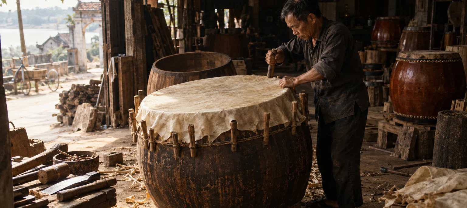 A Đọi Tam drum maker stretching buffalo hide over a jackfruit-wood drum shell with bamboo pegs, shavings on the floor, Đọi Tam village, Red River Delta, Vietnam