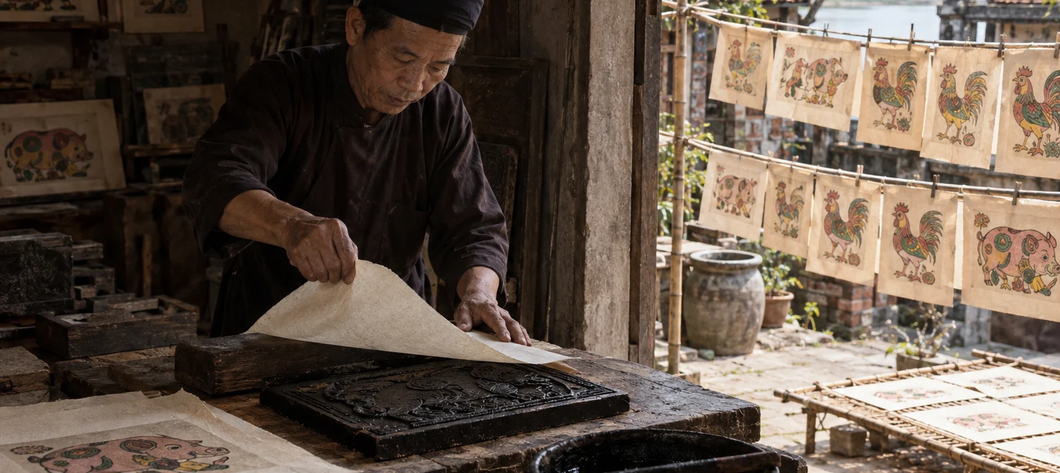 A Đông Hồ printer pressing dó paper onto an inked woodblock, folk prints of pigs and roosters drying on lines, Đông Hồ village, Red River Delta, Vietnam