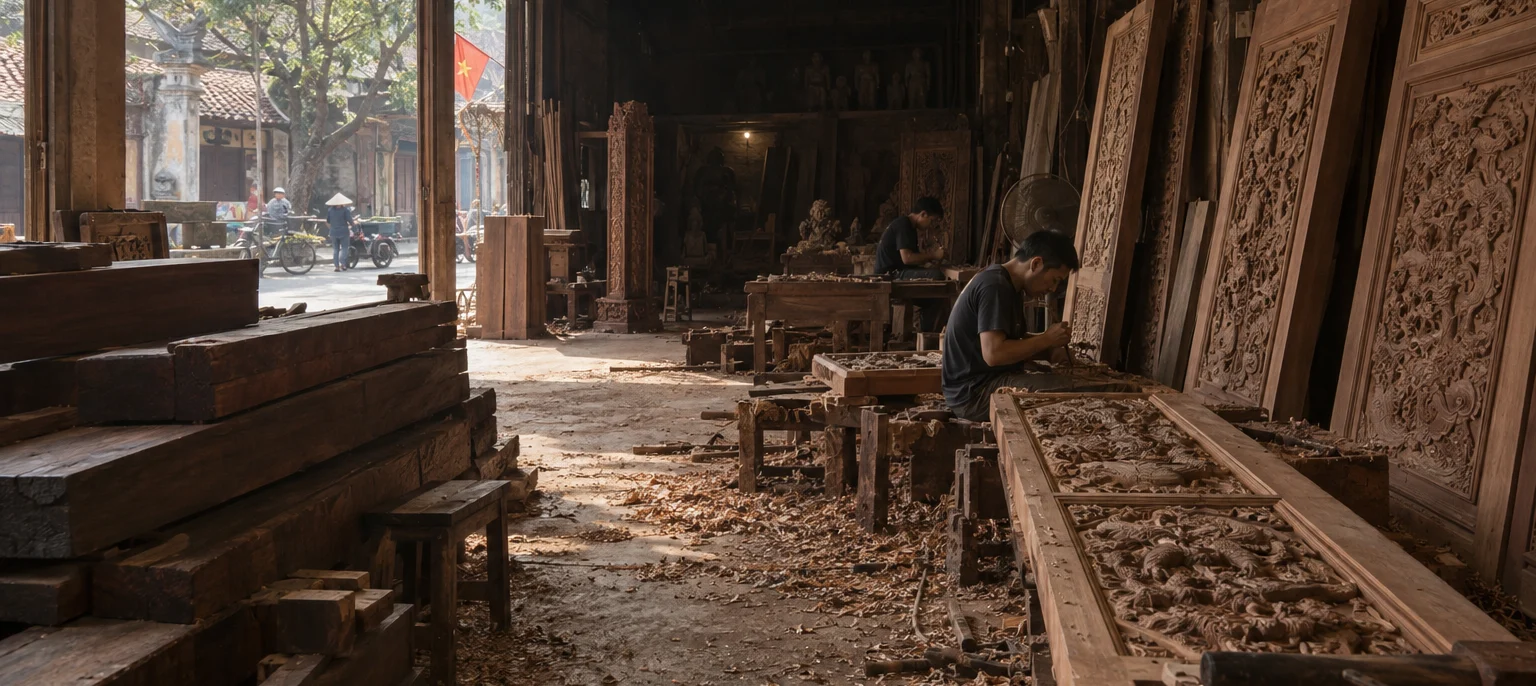 Wide view of a Đồng Kỵ carving workshop, ironwood planks and half-carved doors, shavings on the floor, light through the open front, carved hardwood village, Red River Delta, Vietnam