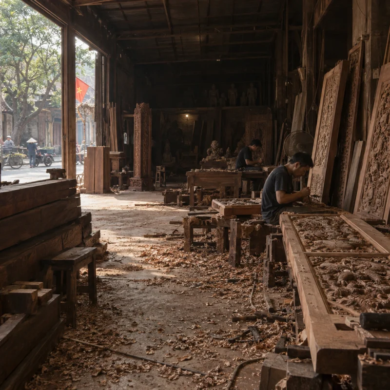 Wide view of a Đồng Kỵ carving workshop, ironwood planks and half-carved doors, shavings on the floor, light through the open front, carved hardwood village, Red River Delta, Vietnam