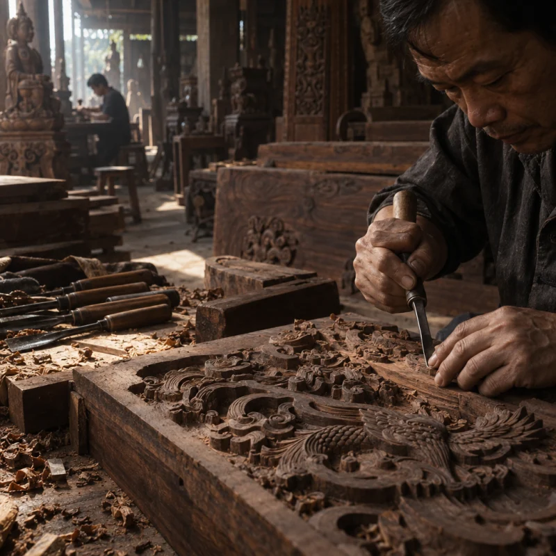 A carving chisel resting on a half-finished relief in dark wood, in a Đồng Kỵ carving workshop, ironwood and rosewood planks, chisels and shavings, oiled dark grain, timber-yard light