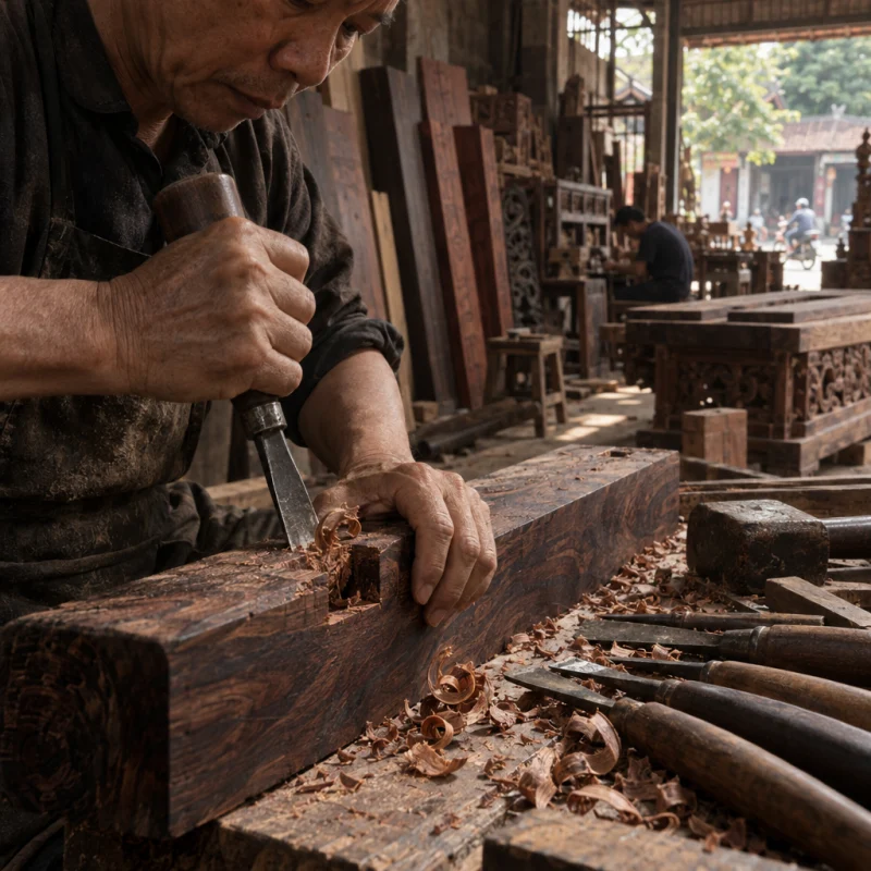 A chisel paring a mortise in dark hardwood, shavings curling, in a Đồng Kỵ carving workshop, ironwood and rosewood planks, chisels and shavings, oiled dark grain, timber-yard light