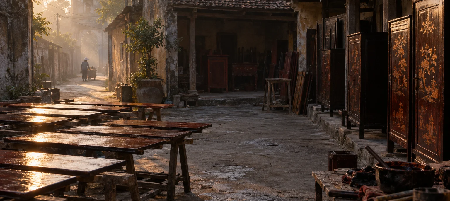 Wide view of a Hạ Thái courtyard at morning, dark wooden lacquer drying cabinets along the wall, boards curing on racks, mist in the lane beyond, natural lacquer village, Red River Delta, Vietnam