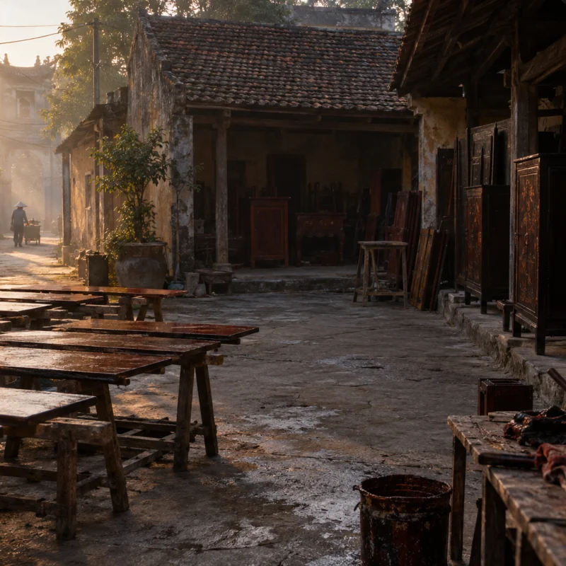 Wide view of a Hạ Thái courtyard at morning, dark wooden lacquer drying cabinets along the wall, boards curing on racks, mist in the lane beyond, natural lacquer village, Red River Delta, Vietnam