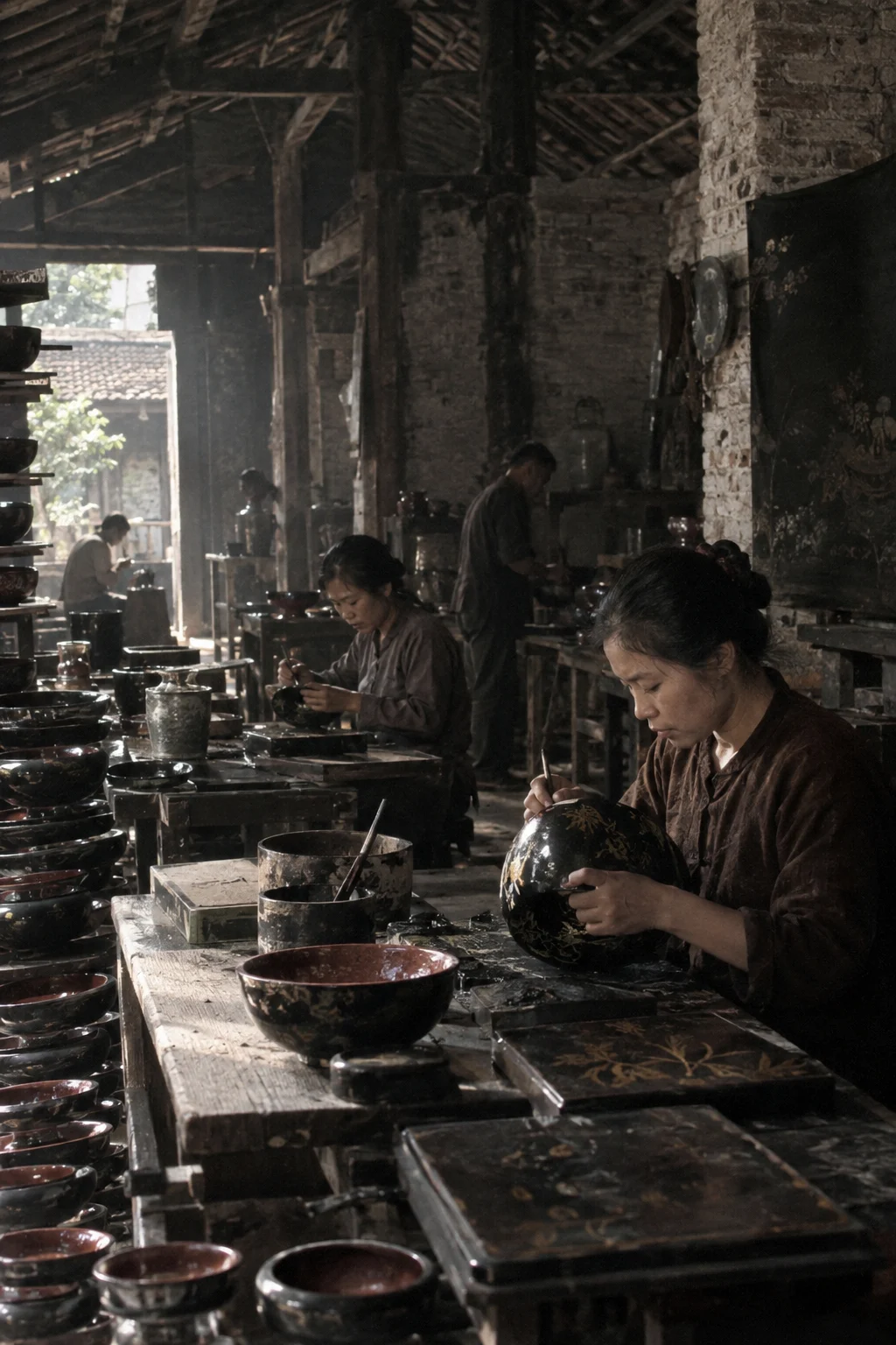 Archive black-and-white photograph from the mid-twentieth century, faded and grainy: village lacquer workshop in Hạ Thái, natural lacquer, villagers in simple work clothes, old brick and timber