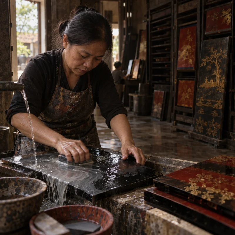 Hands wet-sanding a lacquer board under a thin stream of water, grey slurry running off the black surface, in the Hạ Thái lacquer workshop, dark wooden drying cabinets behind, palette of brown-black, cinnabar and dull gold