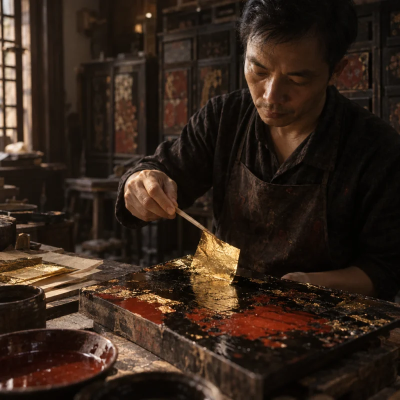 A square of gold leaf lifted on a bamboo knife over wet lacquer, in the Hạ Thái lacquer workshop, dark wooden drying cabinets behind, palette of brown-black, cinnabar and dull gold