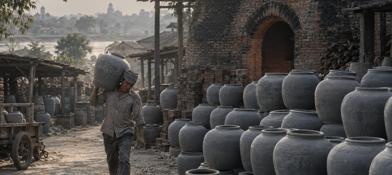 Unglazed blue-grey Hương Canh stoneware jars stacked by a brick kiln, a potter carrying one on his shoulder, Hương Canh village, Red River Delta, Vietnam
