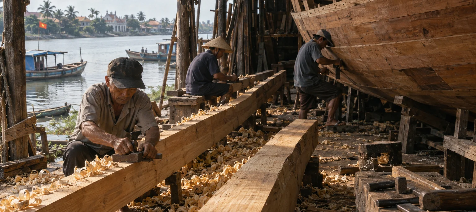 Kim Bồng carpenters shaping jackfruit-wood planks for a wooden boat by the river, shavings and tools, Kim Bồng village, central coast, Vietnam