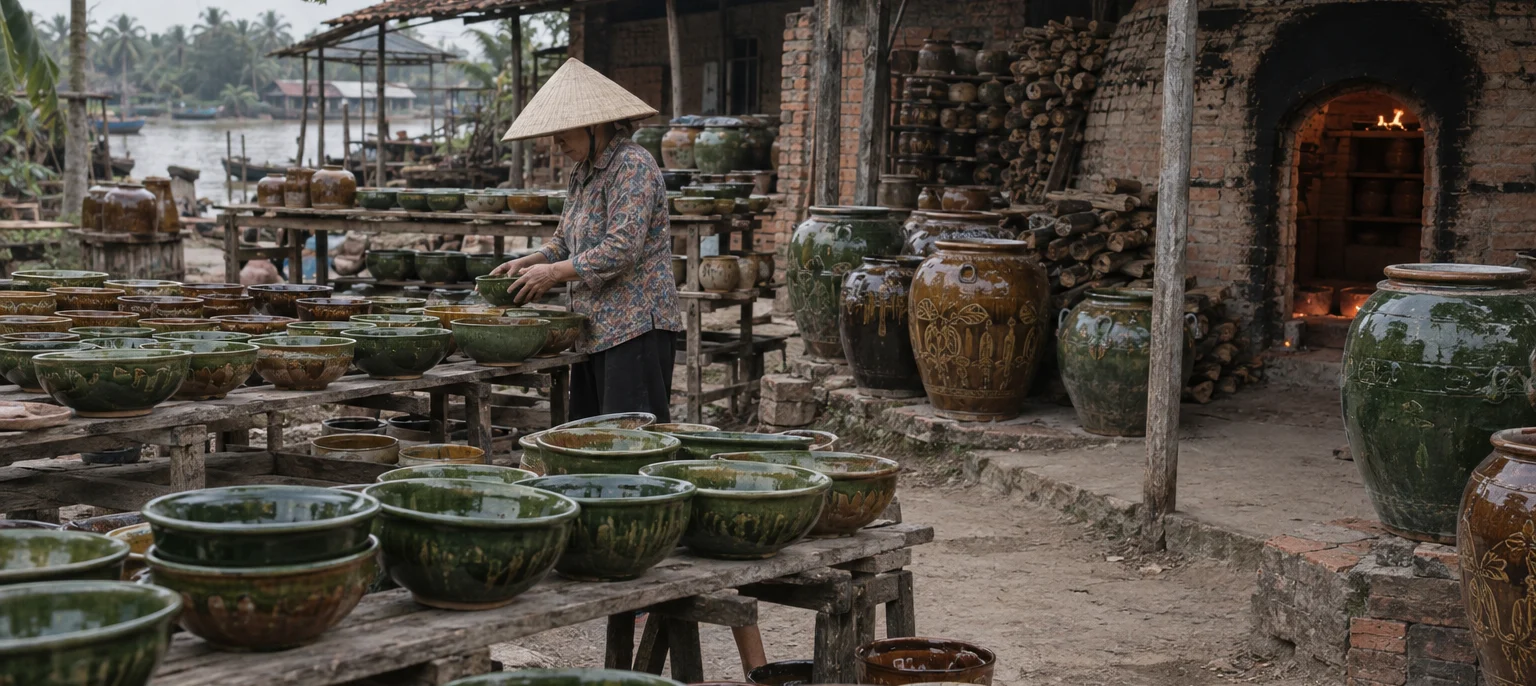 Colourfully glazed Lái Thiêu bowls and jars on wooden racks outside a kiln, green and brown glazes, Lái Thiêu village, Mekong Delta, Vietnam