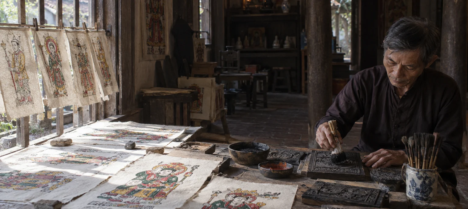 Làng Sình woodblock prints of votive figures drying on dó paper, carved blocks and brushes on a low table, Làng Sình village, central coast, Vietnam