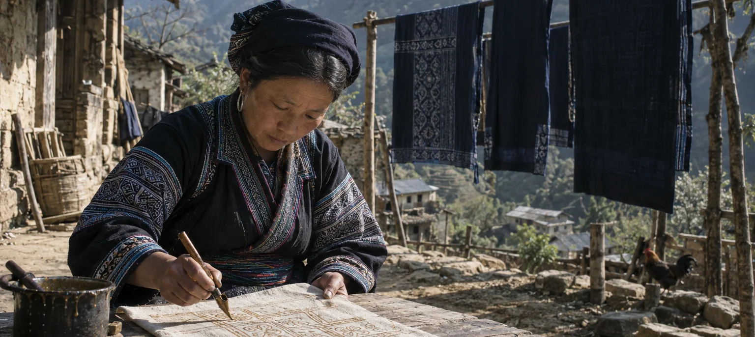A H'Mông woman in Lùng Tám drawing beeswax batik lines on hemp cloth with a copper pen, indigo cloth drying behind, Lùng Tám village, northern highlands, Vietnam