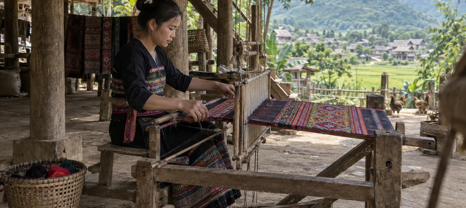 A Thái woman weaving brocade on a wooden loom under a stilt house in Mai Châu, bright patterned cloth, green valley beyond, Mai Châu village, northern highlands, Vietnam