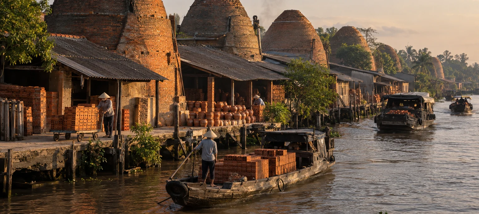 Beehive brick kilns of Mang Thít along a Mekong canal, red brick and pottery, boats in the foreground, Mang Thít village, Mekong Delta, Vietnam