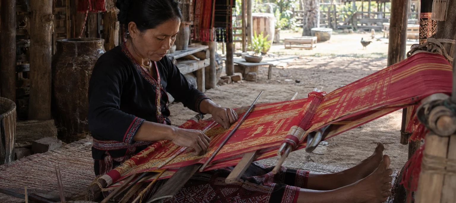 A Cham weaver at a backstrap loom in Mỹ Nghiệp, bright red and gold brocade, bare earth floor, Mỹ Nghiệp village, central coast, Vietnam