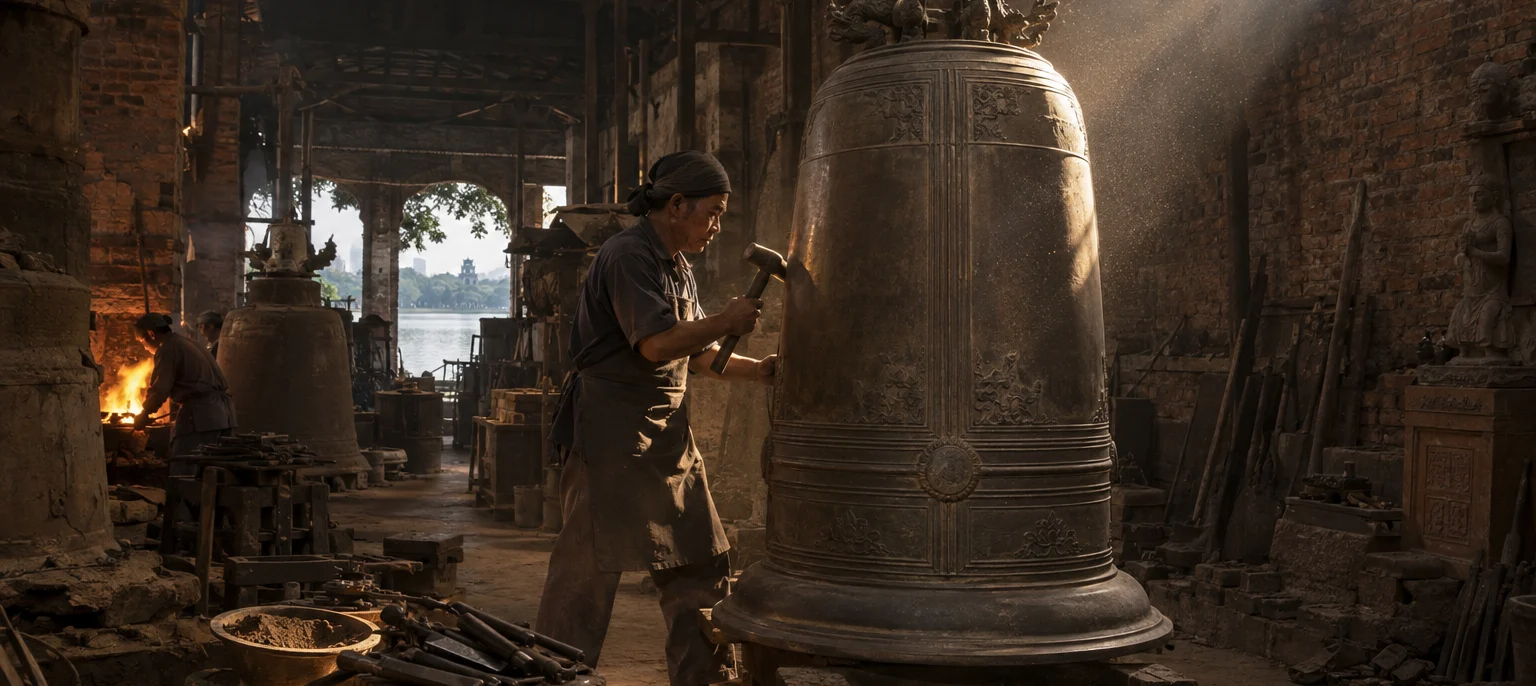 A Ngũ Xã bronze caster chasing a large bell, old brick workshop by the West Lake, bronze dust in a shaft of light, Ngũ Xã village, Red River Delta, Vietnam