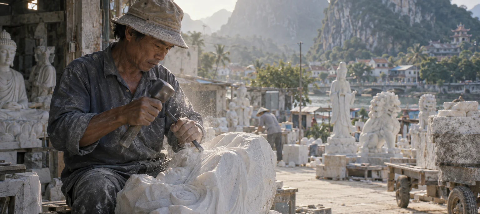 A Non Nước carver working white marble with a chisel, stone dust in the light, the Marble Mountains behind, Non Nước village, central coast, Vietnam
