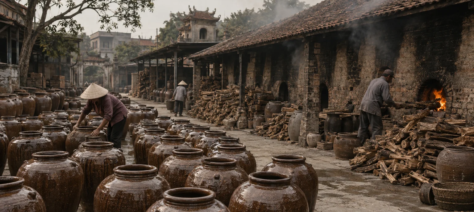 Rows of brown-glazed Phù Lãng stoneware jars drying in a courtyard beside a long wood-fired kiln, Phù Lãng village, Red River Delta, Vietnam