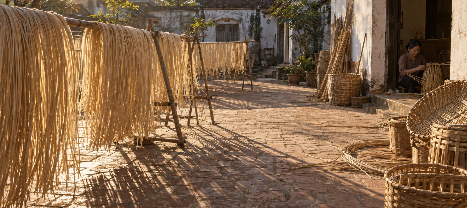 Wide view of a Phú Vinh courtyard with split rattan cane drying on bamboo racks in low sun, whitewashed walls, a weaver seated in a doorway, rattan & bamboo weaving village, Red River Delta, Vietnam