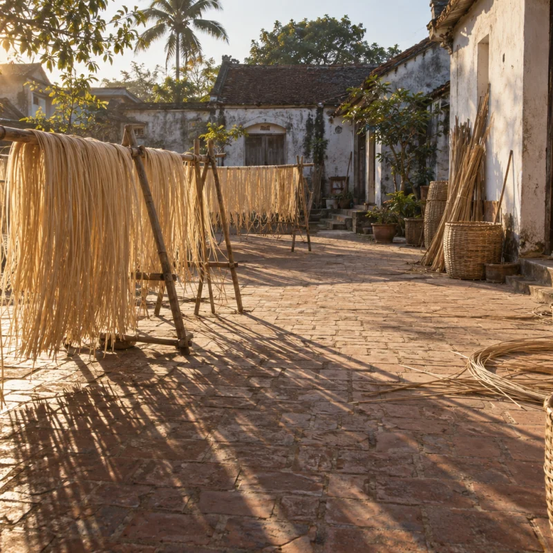 Wide view of a Phú Vinh courtyard with split rattan cane drying on bamboo racks in low sun, whitewashed walls, a weaver seated in a doorway, rattan & bamboo weaving village, Red River Delta, Vietnam
