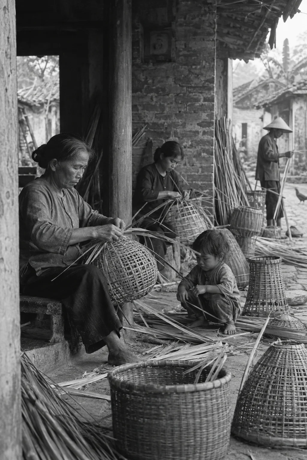 Archive black-and-white photograph from the mid-twentieth century, faded and grainy: weaving at the doorway in Phú Vinh, rattan & bamboo weaving, villagers in simple work clothes, old brick and timber