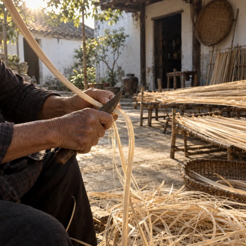 Hands splitting a length of rattan cane with a small knife, strands peeling pale, in a Phú Vinh courtyard, split rattan cane drying on bamboo racks, pale straw and honey tones, whitewashed wall, dappled sun