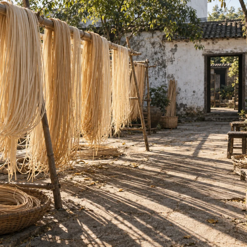 Split cane drying on a bamboo rack, pale strands against a whitewashed wall, in a Phú Vinh courtyard, split rattan cane drying on bamboo racks, pale straw and honey tones, whitewashed wall, dappled sun
