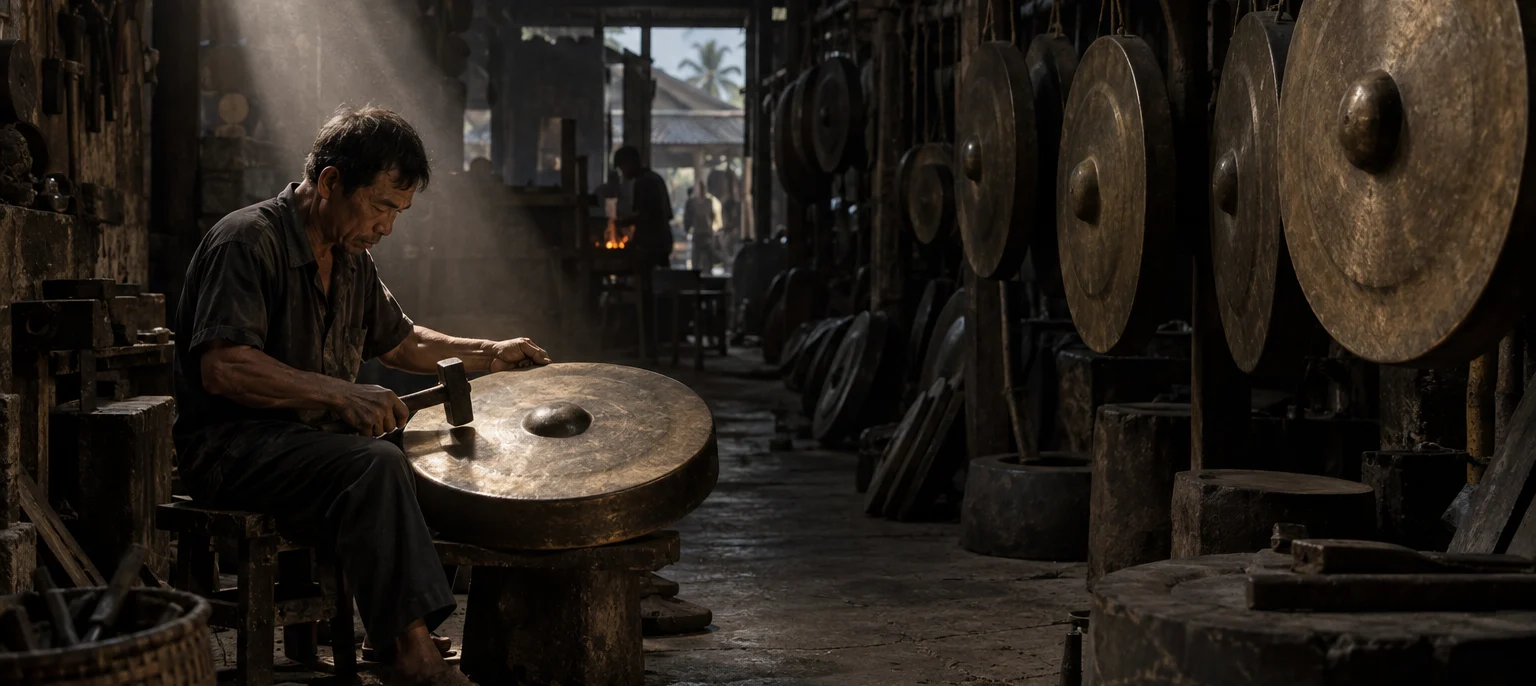 A Phước Kiều caster tuning a bronze gong by hammering, rows of gongs hanging in a dim workshop, Phước Kiều village, central coast, Vietnam